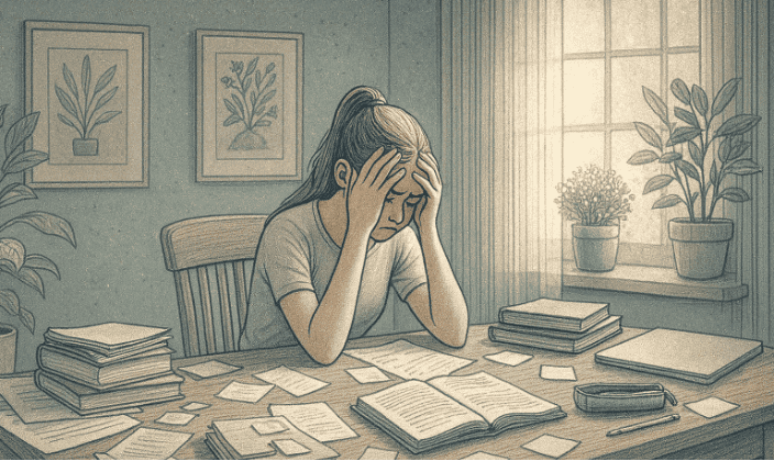Illustration of a teenage girl sitting at a desk surrounded by scattered papers and books, looking overwhelmed while trying to organize her schoolwork.