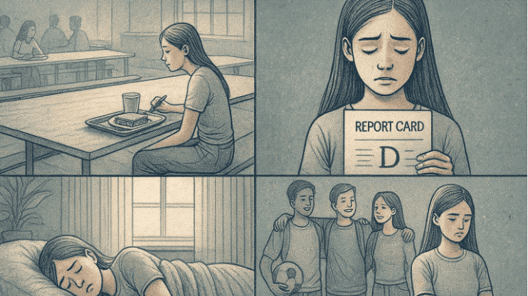 An illustration showing a teenager displaying various depression symptoms: sitting alone at lunch, declining grades on a report card, staying in bed during daytime, and avoiding social activities with friends.