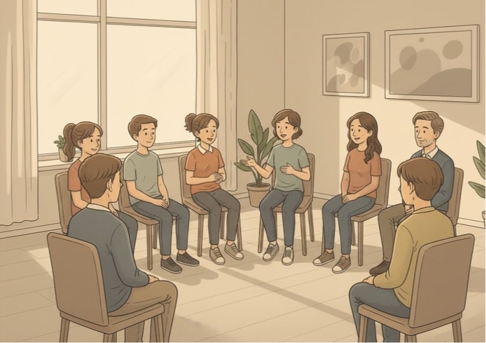 A group therapy session with a facilitator leading the discussion.