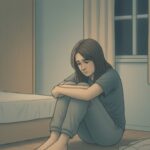 Young woman sitting alone on bedroom floor with knees drawn up, appearing distressed.