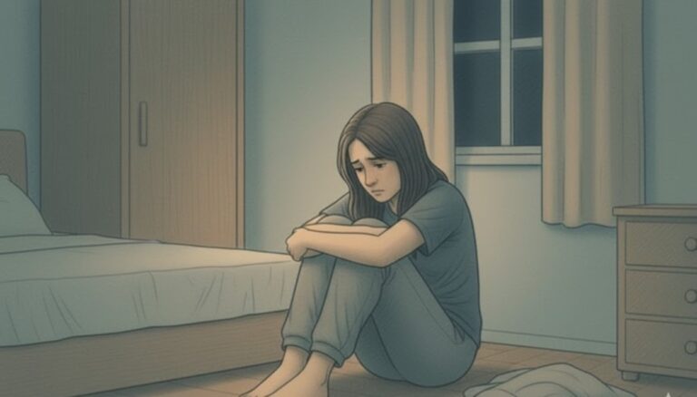 Young woman sitting alone on bedroom floor with knees drawn up, appearing distressed.