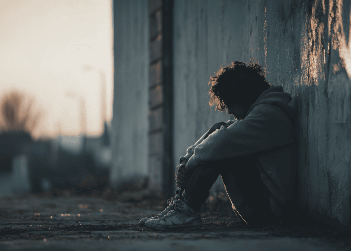 Teenage boy sitting by wall outside at dusk experiencing teen social withdrawal