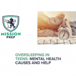 Mission Prep logo and oversleeping in teens image