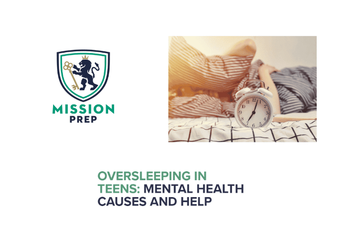 Mission Prep logo and oversleeping in teens image