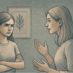 Illustration of a teenage girl with arms crossed, looking frustrated while a parent tries to communicate calmly, representing the challenges and hope of addressing oppositional defiant disorder.