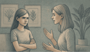 Illustration of a teenage girl with arms crossed, looking frustrated while a parent tries to communicate calmly, representing the challenges and hope of addressing oppositional defiant disorder.