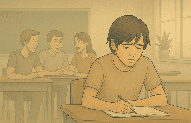 A student sitting alone at a desk looking depressed.