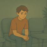 Young person sitting alone in a waiting room looking anxious.