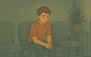 Young person sitting alone in a waiting room looking anxious.