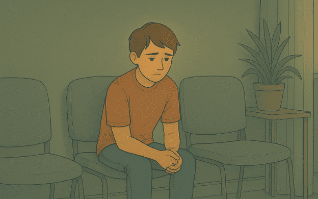 Young person sitting alone in a waiting room looking anxious.