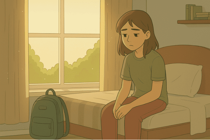 Sad person sitting on bed next to backpack, looking down with defeated expression in soft lighting.