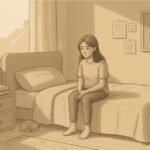 Illustration of an anxious young woman sitting pensively on a bed.