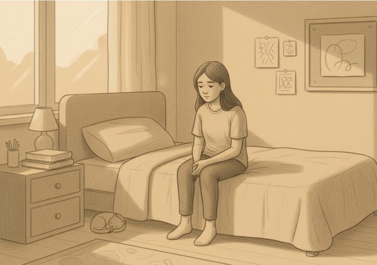 Illustration of an anxious young woman sitting pensively on a bed.