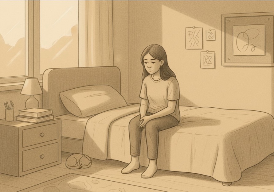 Illustration of an anxious young woman sitting pensively on a bed.