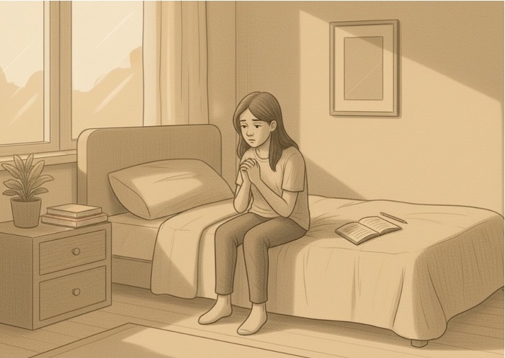 Woman sitting on the edge of the bed with clasped hands, looking worried. 