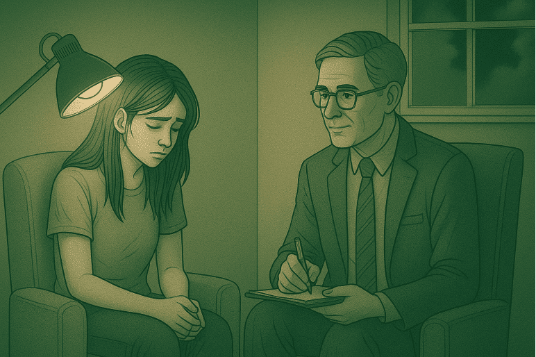 Two people in consultation, therapist taking some notes.