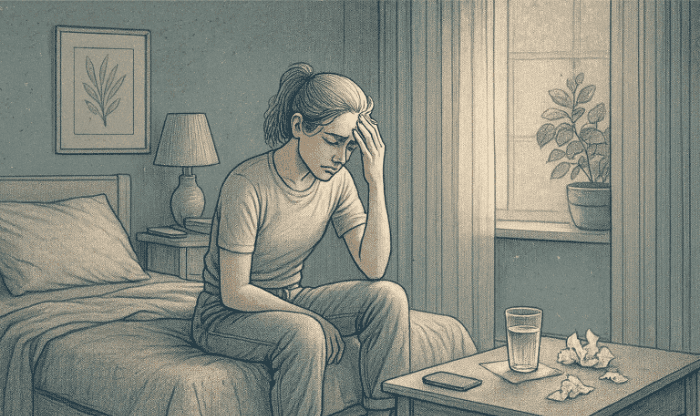 A teenager sitting on their bed holding their head, with a glass of water and some tissues nearby, showing physical discomfort from sleep deprivation.