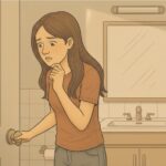 An anxious woman in a bathroom looking worried