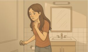 An anxious woman in a bathroom looking worried