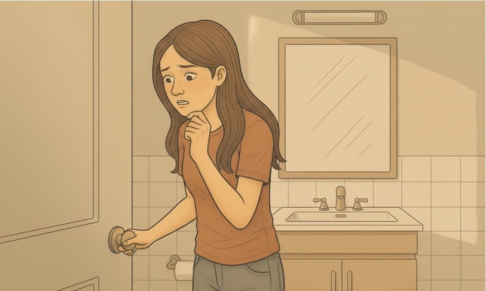An anxious woman in a bathroom looking worried