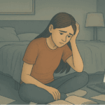 A person studying at home surrounded by books and a laptop, appearing tired and stressed