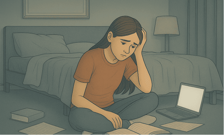 A person studying at home surrounded by books and a laptop, appearing tired and stressed
