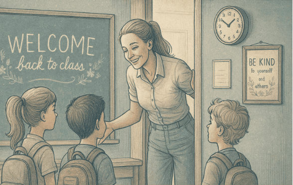 An illustration of a teacher greeting students warmly at the classroom door, making eye contact, and offering encouraging words.