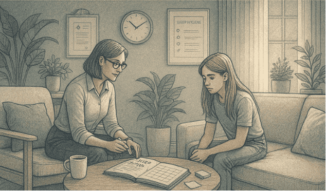 An illustration of a therapist and teenager working together in a comfortable office setting, looking at a sleep diary and discussing healthy sleep strategies.