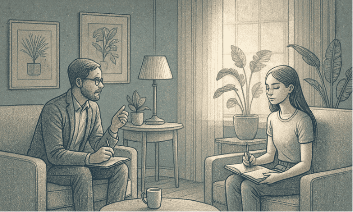 An illustration of a therapist and teenager in a comfortable, private office space, with the teen actively engaged in a therapy session, taking notes in a journal while having a constructive conversation.