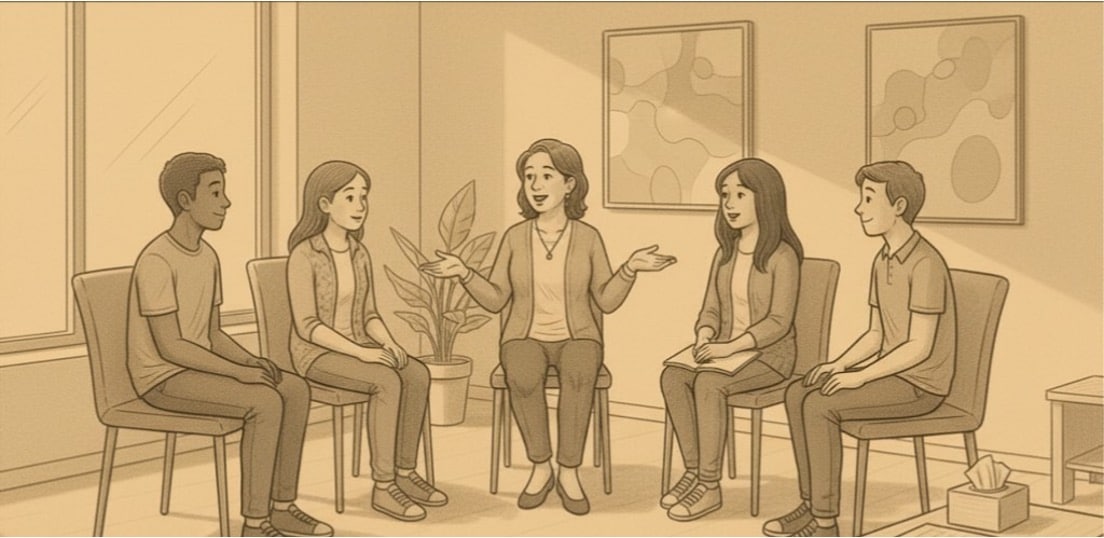Illustration of a group therapy session with five people sitting in a circle with a facilitator leading the discussion.