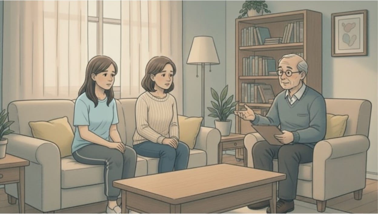 Mother and daughter on a couch speaking with an older male counselor in a comfortable living room with bookshelves.