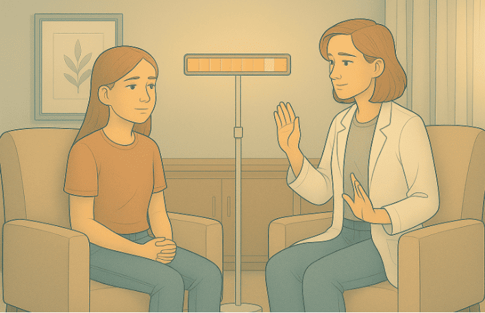 Therapist sitting with a teenage girl and equipment.