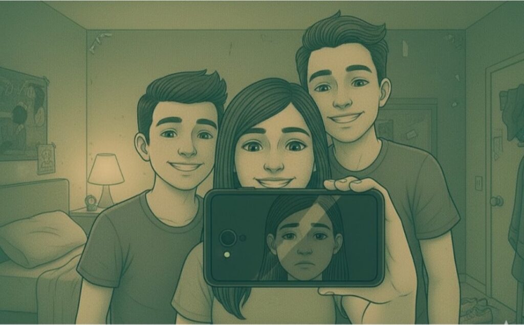 Three people are taking selfies. The girl looks happy from the outside, but inside, she is struggling.