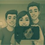 Three people are taking selfies. The girl looks happy from the outside, but inside, she is struggling.