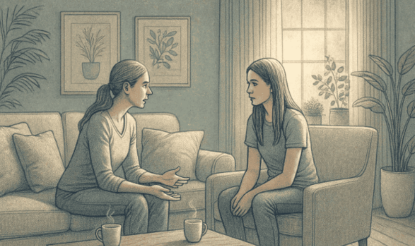 Illustration of a concerned parent sitting across from their teenager in a comfortable living room, both looking engaged in a serious but caring conversation.