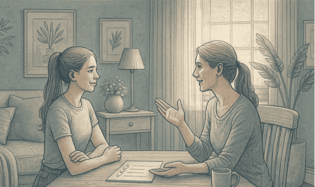An illustration showing a parent and teenager having a calm discussion with a written list of clear expectations, using positive body language, demonstrating effective communication strategies for managing ODD.