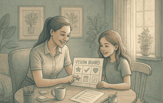An illustration of a teacher and student looking at a vision board or goal-setting worksheet together, both appearing optimistic and engaged.