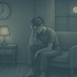 Illustration of a tired teenager sitting on a chair at night, looking frustrated and unable to sleep, with a clock showing late hours.