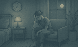 Illustration of a tired teenager sitting on a chair at night, looking frustrated and unable to sleep, with a clock showing late hours.