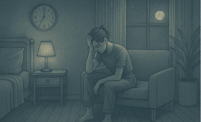 Illustration of a tired teenager sitting on a chair at night, looking frustrated and unable to sleep, with a clock showing late hours.