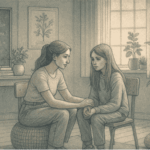 Illustration of a caring teacher having a supportive one-on-one conversation with a student in a quiet classroom corner.