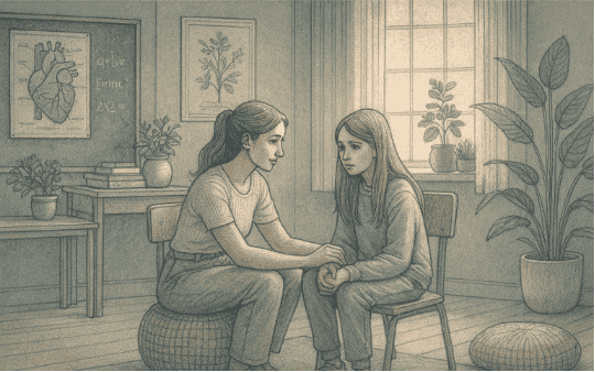 Illustration of a caring teacher having a supportive one-on-one conversation with a student in a quiet classroom corner.