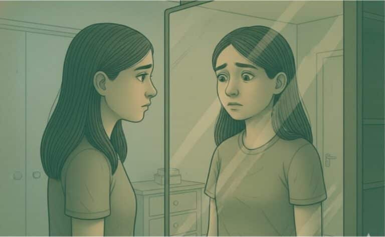 A person looking anxiously at their reflection in a mirror.