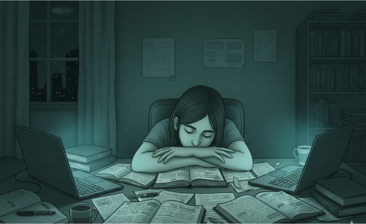 An exhausted woman with her head down on the desk, surrounded by books, papers, and laptops at night.
