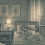 Illustration of a peaceful teenage bedroom with calming elements like soft lighting, organized space, and a teen sleeping peacefully, showing the result of effective insomnia treatment.
