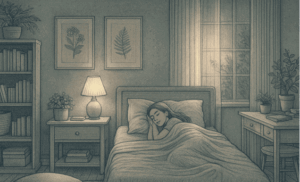 Illustration of a peaceful teenage bedroom with calming elements like soft lighting, organized space, and a teen sleeping peacefully, showing the result of effective insomnia treatment.
