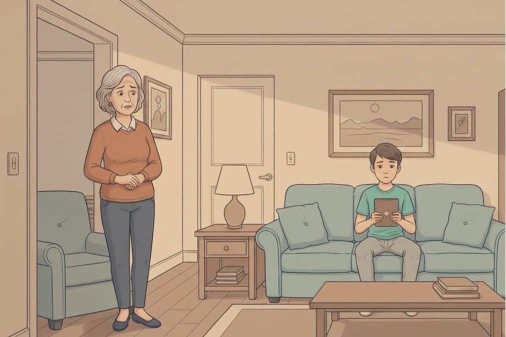 A concerned parent standing in the doorway watching a teenager absorbed in a tablet on the couch.