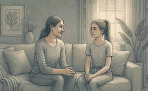 Illustration of a caring parent sitting beside their teenager in a supportive, non-judgmental conversation, with both appearing engaged and the parent listening attentively.