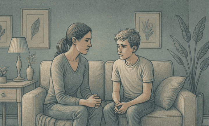Illustration of a parent calmly asking their teenager a serious question, both sitting together in a comfortable, private setting.