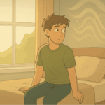 Worried young person sitting on the edge of the bed, looking uncertain.